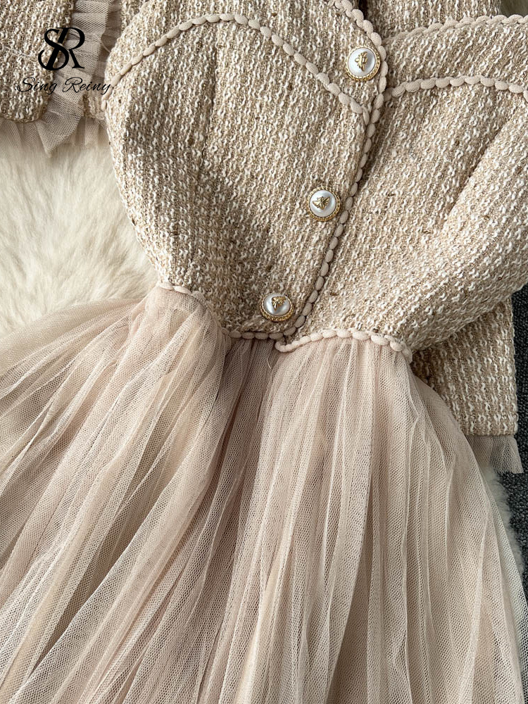 Two Piece Dress SINGREINY Fashion Women OL Retro Sets Senior Short Cardigan CoatsCamis Mesh Long Skirts Streetwear Winter Two Pieces Suits 230629