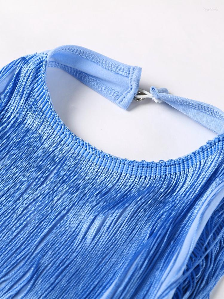 Blue Fringe Halter Mini For Women Sexy Backless O Neck Sleeveless Summer Short Party Dress Polyester B4