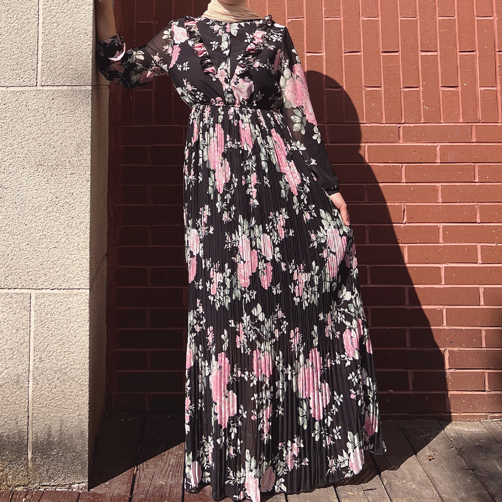 Ethnic Clothing Pleated Abaya Hijab Muslim Dress Turkey Chiffon Print Fungus Abayas for Women Dubai Evening Islamic Dresses Kaftan Robe Vestidos 23062