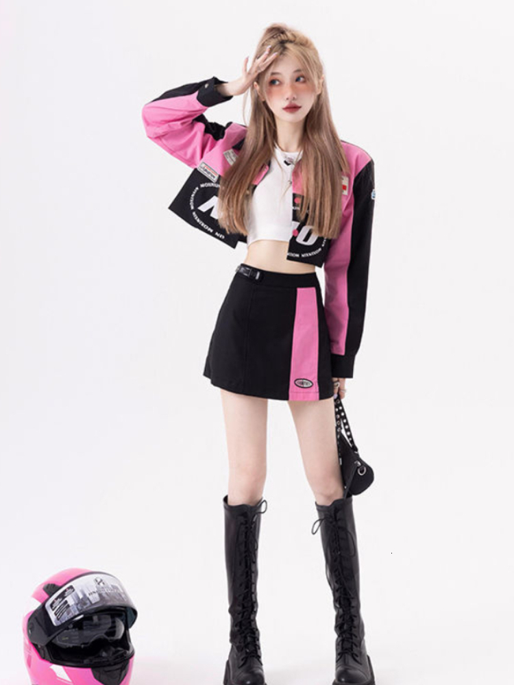 Two Piece Dress Contrast Color Matching Sets Harajuku Punk Gothic Spring Autumn Womens Outifits Lettr Print Tops Mini Short Skirt 230629