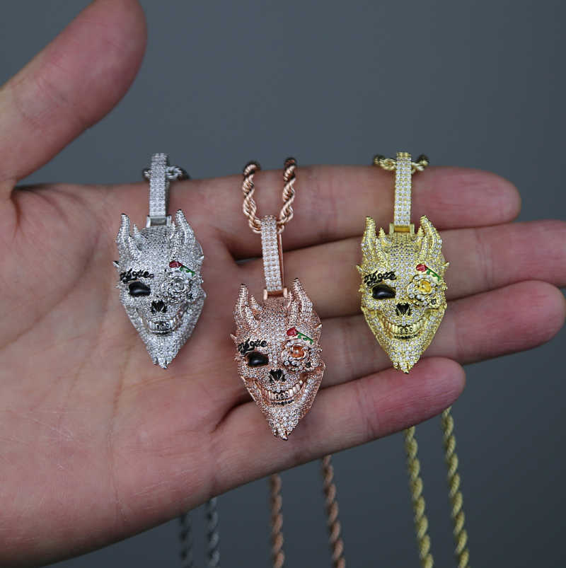 2023 New Arrived Hip Hop Cool Men Boy Jewelry Micro Pave 5a Cz Iced Out Skull Pendant Necklace