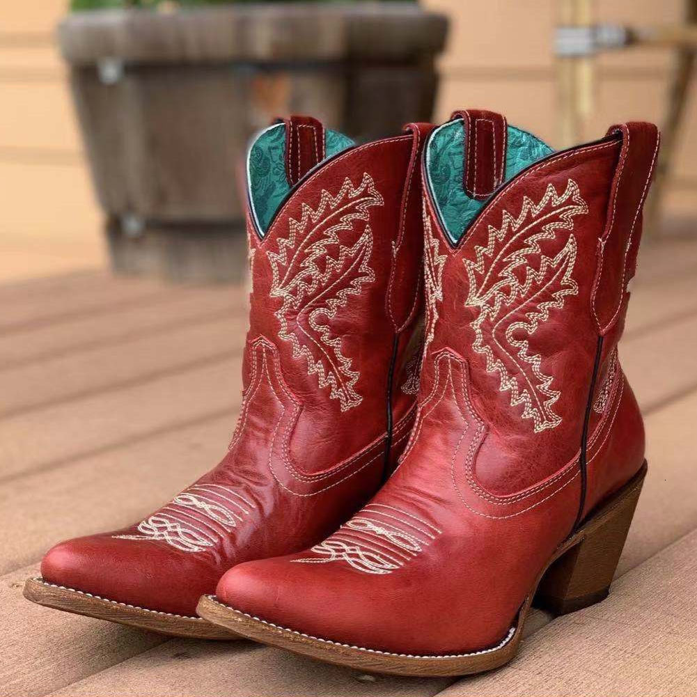 Boots BONJOMARISA Embroidered Western Boots For Women Ankle Short Boots Cowboy Cowgirls Slip On Chunky Heel Vintage Shoes 230629