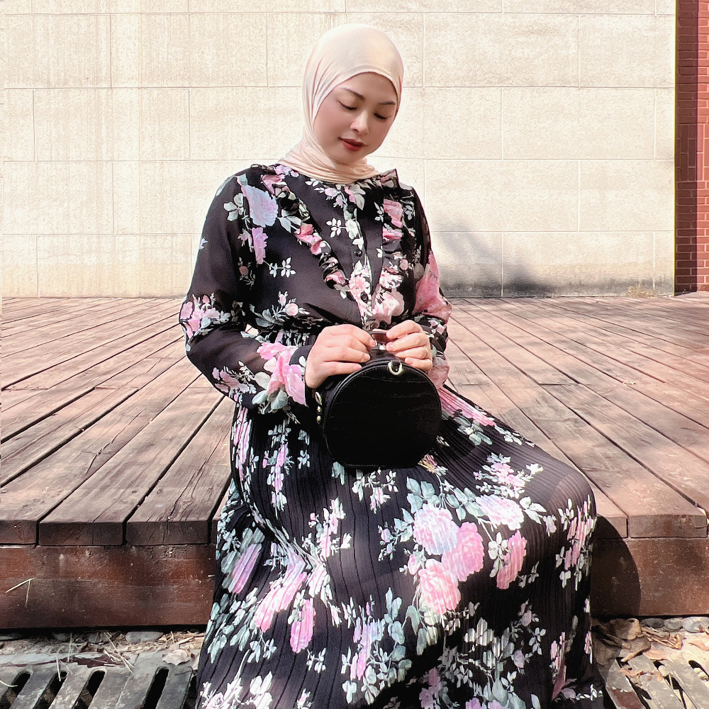 Ethnic Clothing Pleated Abaya Hijab Muslim Dress Turkey Chiffon Print Fungus Abayas for Women Dubai Evening Islamic Dresses Kaftan Robe Vestidos 23062