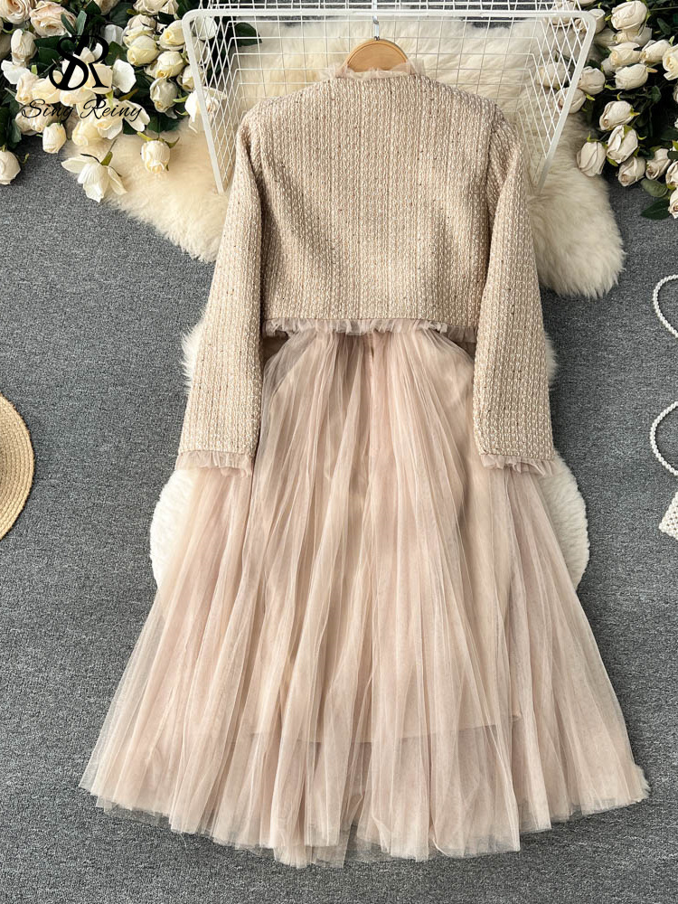 Two Piece Dress SINGREINY Fashion Women OL Retro Sets Senior Short Cardigan CoatsCamis Mesh Long Skirts Streetwear Winter Two Pieces Suits 230629