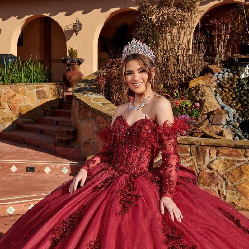Sparking Quinceanera Dresses with Sleeve Feather Bead Vestidos De 15 Anos Sweetheart Ball Gown Junior Girls Pageant Dress