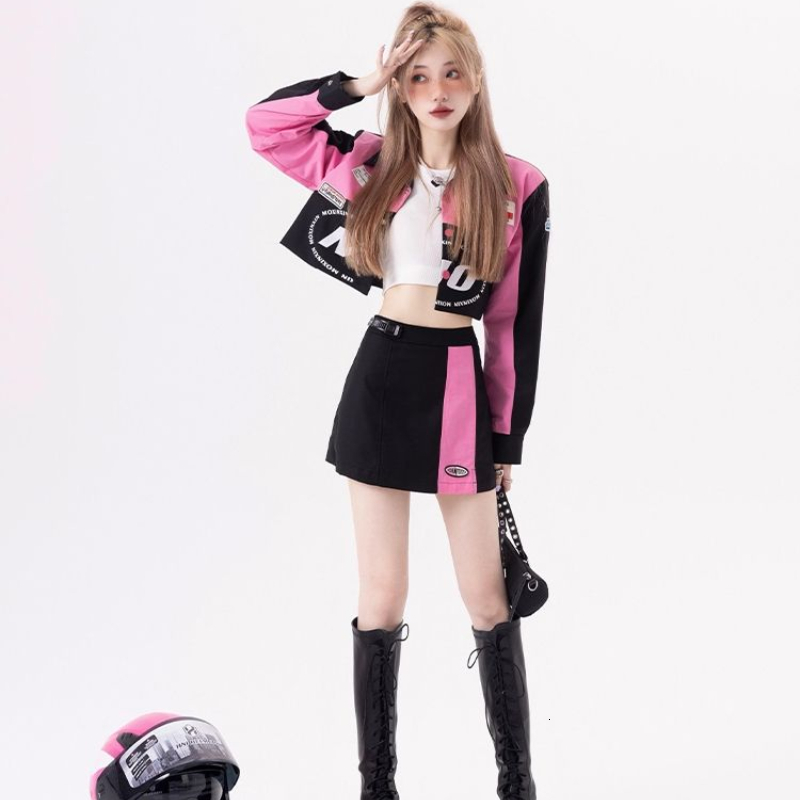 Two Piece Dress Contrast Color Matching Sets Harajuku Punk Gothic Spring Autumn Womens Outifits Lettr Print Tops Mini Short Skirt 230629