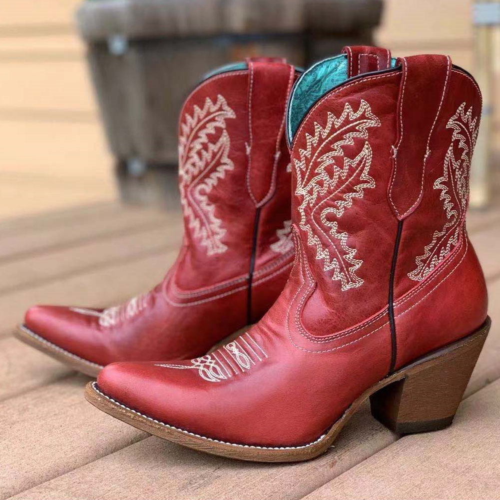 Boots BONJOMARISA Embroidered Western Boots For Women Ankle Short Boots Cowboy Cowgirls Slip On Chunky Heel Vintage Shoes 230629