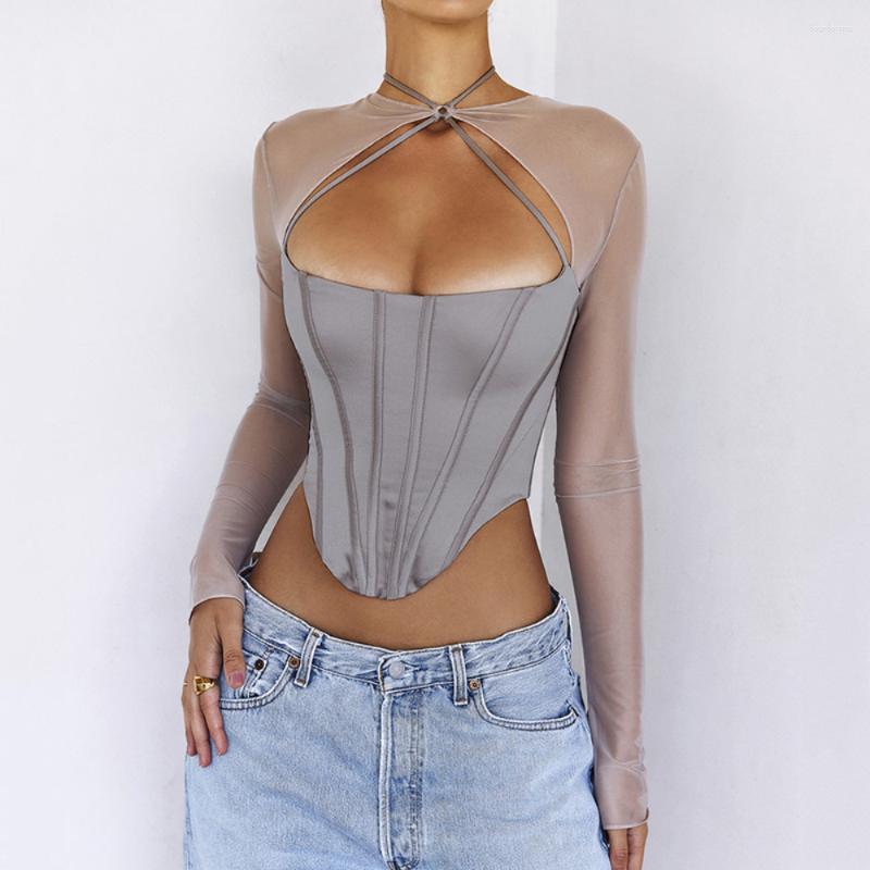 Womens T Shirts Meqeiss Mesh See Through Grey Corset Tops Women Elegant Summer Outfits Streetwear Long Sleeve Halter Top Tees Fall Clothes