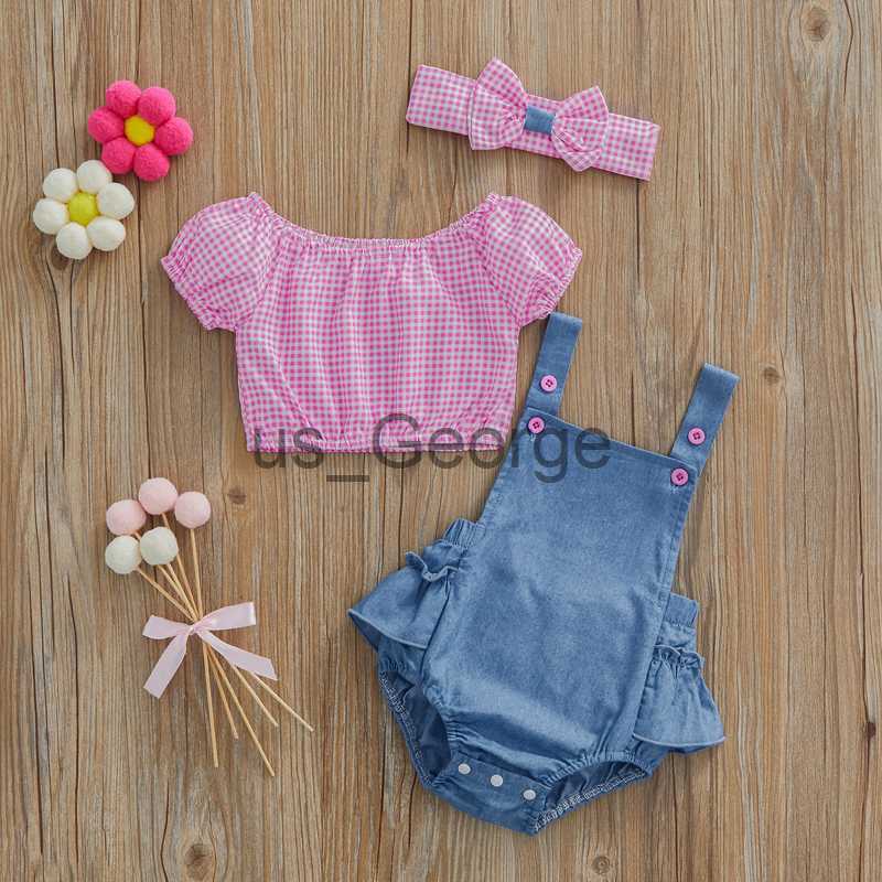 Clothing Sets Baby Girl Summer Clothes Set Fashion Newborn Infant Plaid Short Sleeve Crop Tops Denim Romper Headband 3Pcs For Toddler Outfits J230630