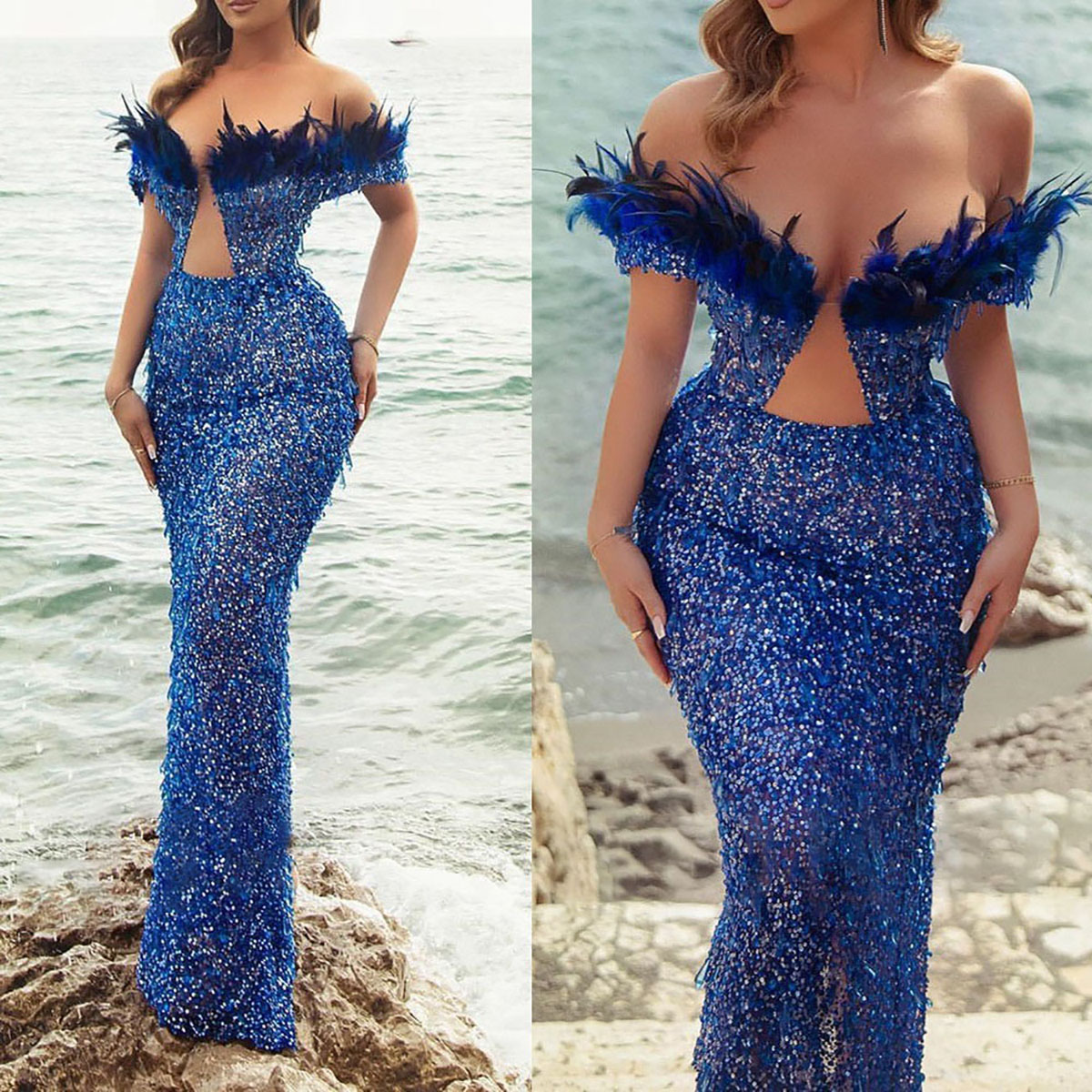 Mermaid Prom Gorgeous Dresses Off The Shoulder Feathers Sequined With Beaded Backless Zipper Or Length Custom Made Plus Size Party Dress Vestido De No
