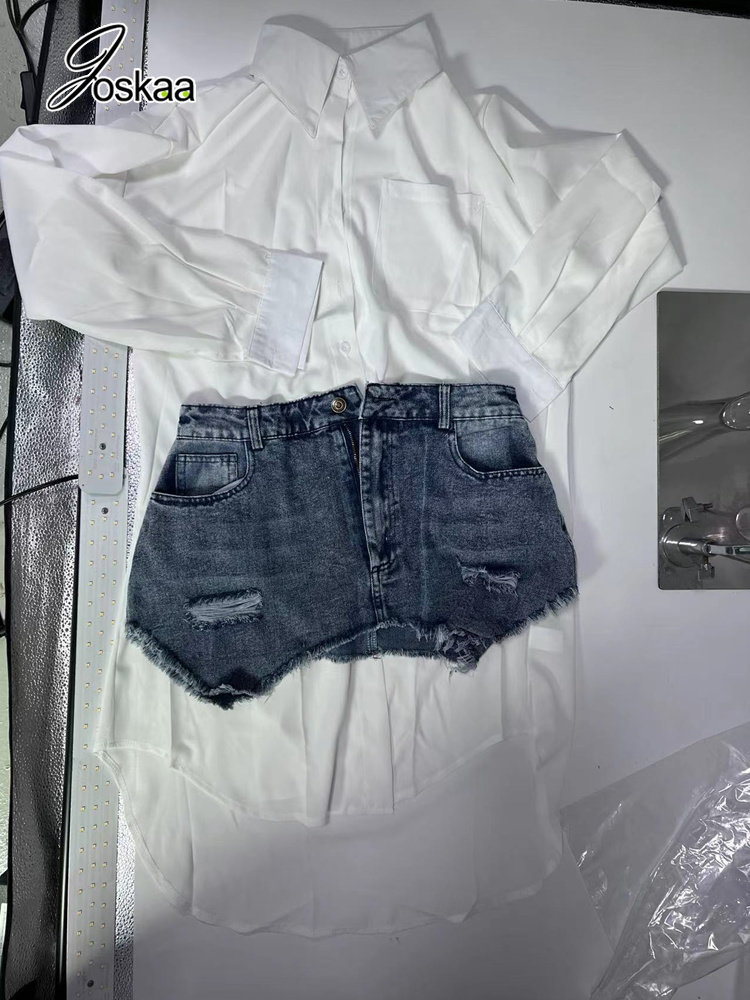 Two Piece Dress Joskaa Solid Lapel Long Sleeve Single Breasted Shirt and Irregular Denim Skirt Set Women 2023 Cute Street Outfit 230629