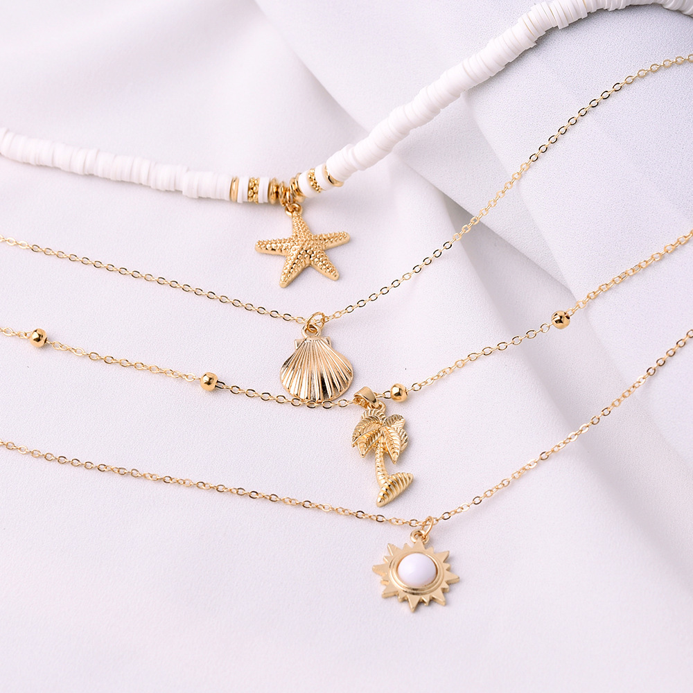 Charms Fashion Bohemia Soft Clay Shell Star Sun Pendant Chain Layered Necklace for Women Charm Simple Summer Beach Jewelry Girls Gift 230630