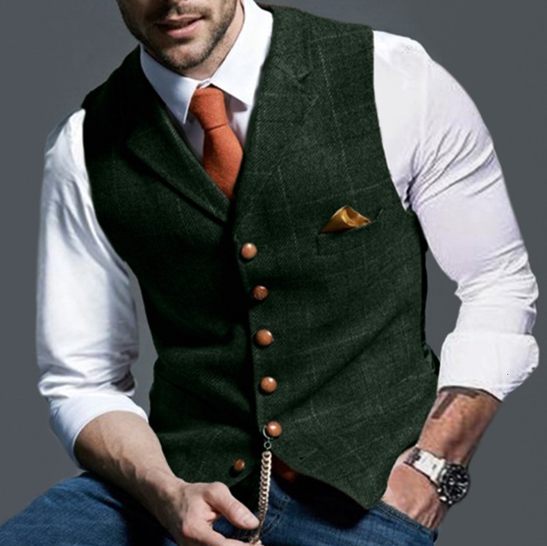 Mens Vests Suit Vest Notched Plaid Wool Herringbone Tweed Waistcoat Casual Formal Business Groomman For Wedding GreenBlackGreenGrey 221117