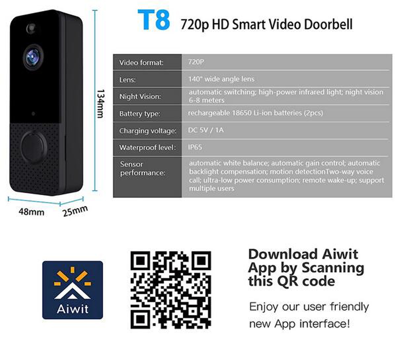 T8 720P Wireless WiFi Video Doorbell Smart Phone Door Ring Intercom Security System IR Visual HD Camera Bell Waterproof Cat Eye with DingDong for Home