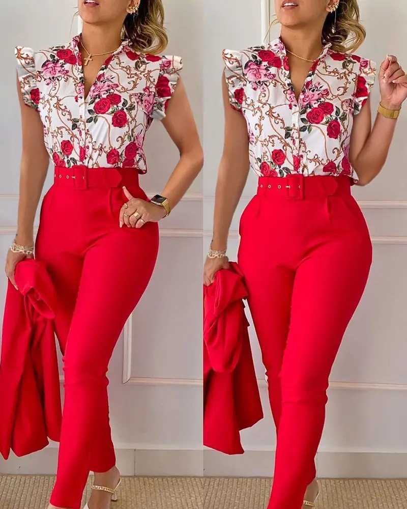 Women Designers Clothes Spring and summer New Fashion Printed Ruffle Sleeve Top Solid Pants Set with Belt