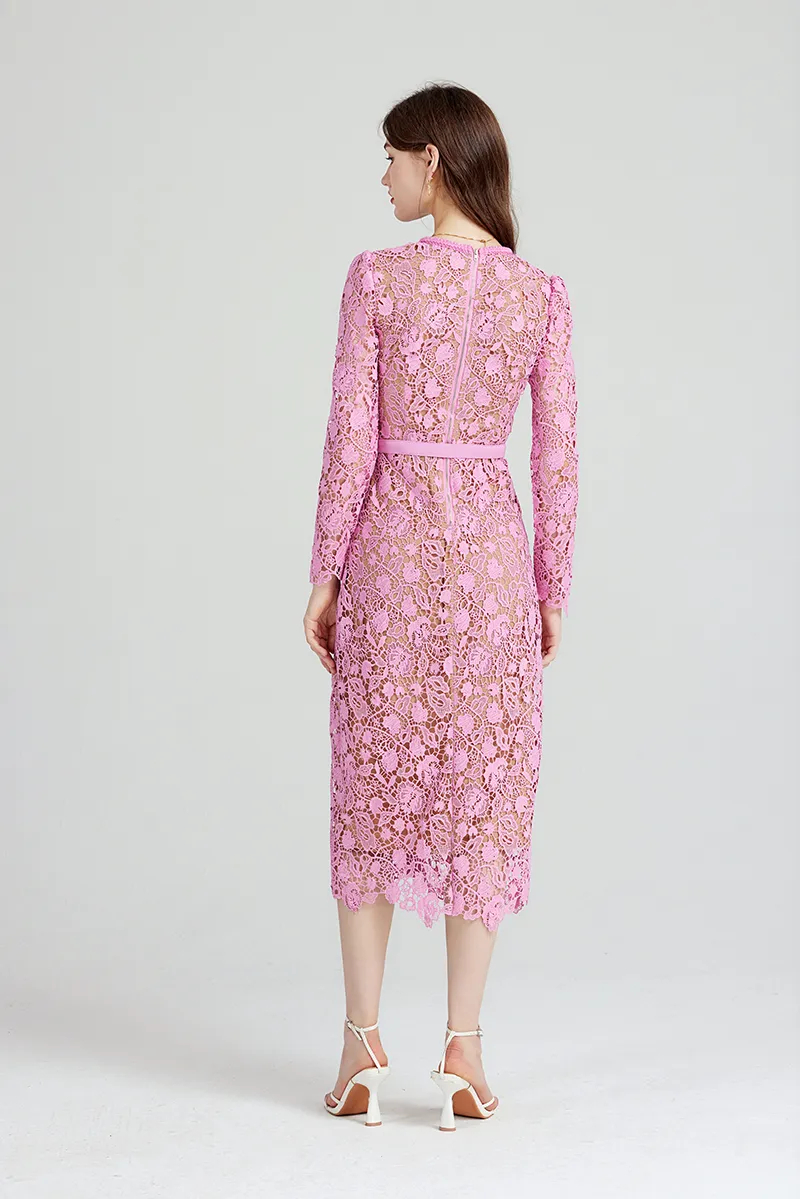 Basic Casual High Quality Women Pink Lace Hollow Out Runway Dress Ladies Temperament Celebrity O-Neck Long Sleeved Dresses Vestidos 2025