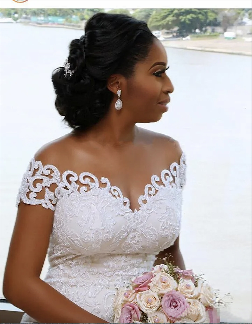 Sexy African Nigerian Mermaid Wedding Dresses With Detachable Train Full Lace Applique Sheer Off The Shoulder Short Sleeve Bridal Gowns