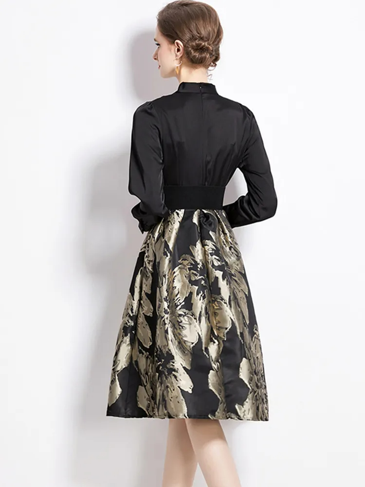 Two Piece Dress Women's Light Luxury High End Temperament Celebrity Black Patchwork Dress Female Fashion Jacquard Fake Two Pieces Dresses 2024