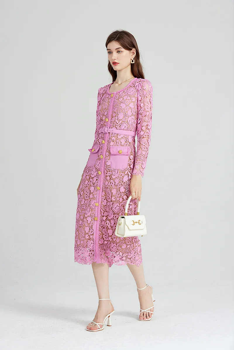 Basic Casual High Quality Women Pink Lace Hollow Out Runway Dress Ladies Temperament Celebrity O-Neck Long Sleeved Dresses Vestidos 2025