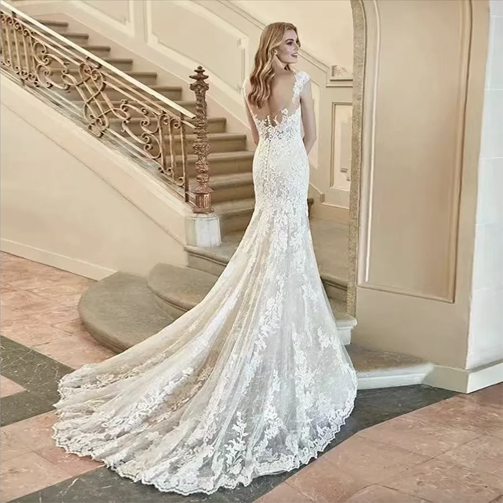 Beach Lace Long Mermaid Dresses Appliqued Sweep Train Plus Size Wedding Dress Gowns vestido de novia Brautkleider Custom Made Bridal Vestido 0509