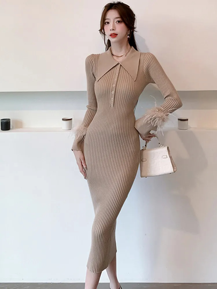 Basic Casual Dresses New Autumn Winter Korean Edition Cuff Fur Super Slim Mid Length Dress Knitted Dress For Women's Full Sleeve Lapel Sweater Dr