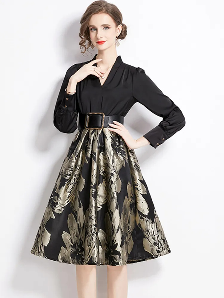 Two Piece Dress Women's Light Luxury High End Temperament Celebrity Black Patchwork Dress Female Fashion Jacquard Fake Two Pieces Dresses 2024