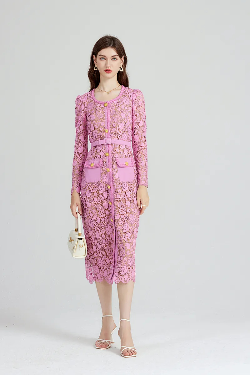 Basic Casual High Quality Women Pink Lace Hollow Out Runway Dress Ladies Temperament Celebrity O-Neck Long Sleeved Dresses Vestidos 2025