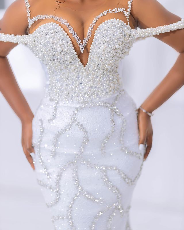 2023 Oct Arabic Aso Ebi Plus Size Mermaid White Wedding Dress Crystals Pearls Luxurious Bridal Gowns Dresses ZJ54