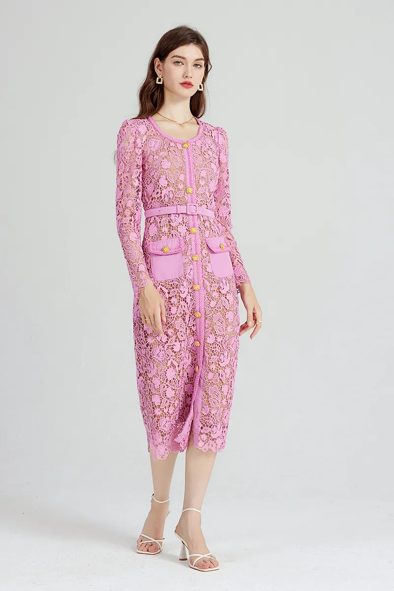 Basic Casual High Quality Women Pink Lace Hollow Out Runway Dress Ladies Temperament Celebrity O-Neck Long Sleeved Dresses Vestidos 2025