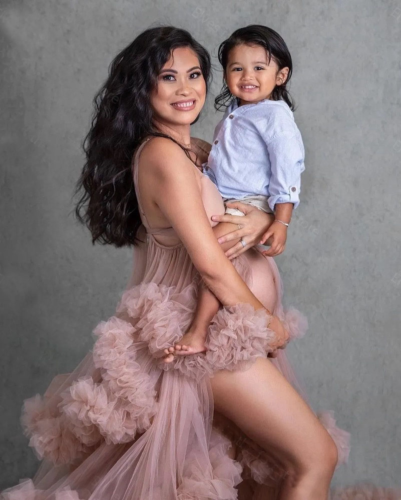 Blush Pink evening Gown Prom Dresses Tulle Maternity Robes for Photo Shoot Pregnancy Long Ruffles Sleeveless Gown Baby Shower Dress for Photography