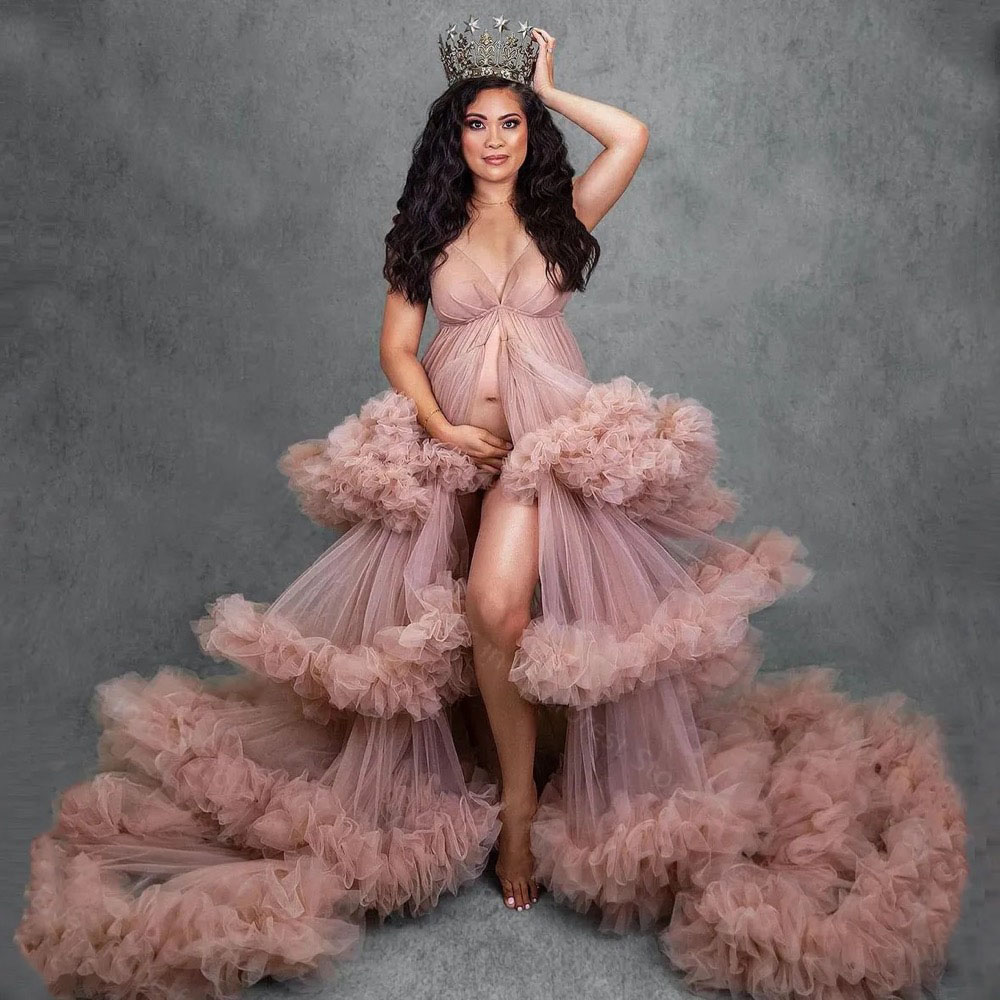 Blush Pink evening Gown Prom Dresses Tulle Maternity Robes for Photo Shoot Pregnancy Long Ruffles Sleeveless Gown Baby Shower Dress for Photography