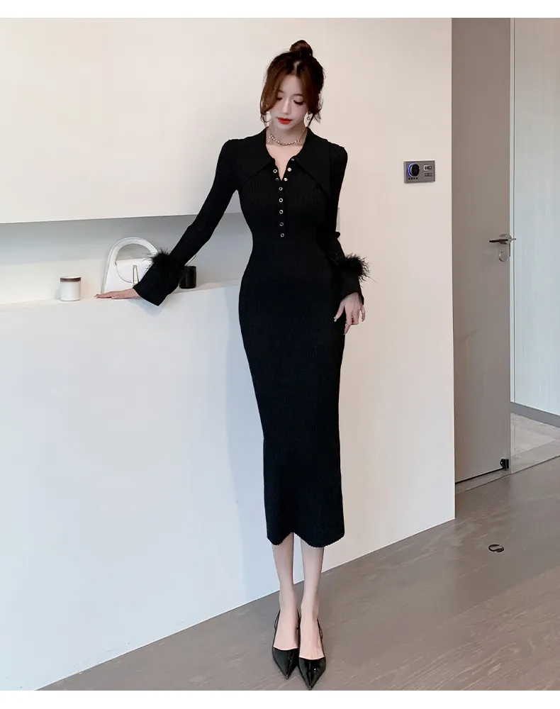 Basic Casual Dresses New Autumn Winter Korean Edition Cuff Fur Super Slim Mid Length Dress Knitted Dress For Women's Full Sleeve Lapel Sweater Dr