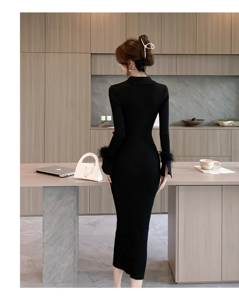 Basic Casual Dresses New Autumn Winter Korean Edition Cuff Fur Super Slim Mid Length Dress Knitted Dress For Women's Full Sleeve Lapel Sweater Dr