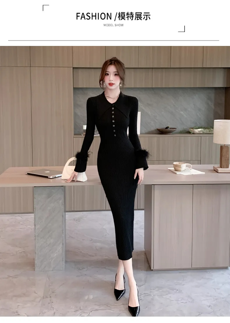 Basic Casual Dresses New Autumn Winter Korean Edition Cuff Fur Super Slim Mid Length Dress Knitted Dress For Women's Full Sleeve Lapel Sweater Dr
