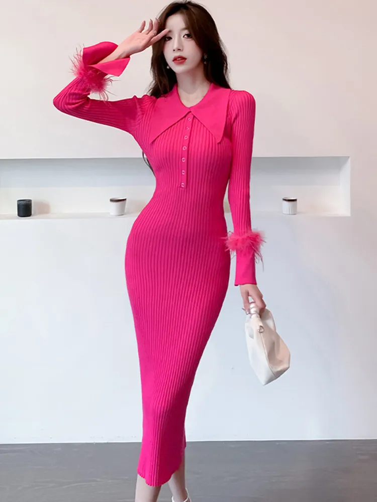 Basic Casual Dresses New Autumn Winter Korean Edition Cuff Fur Super Slim Mid Length Dress Knitted Dress For Women's Full Sleeve Lapel Sweater Dr