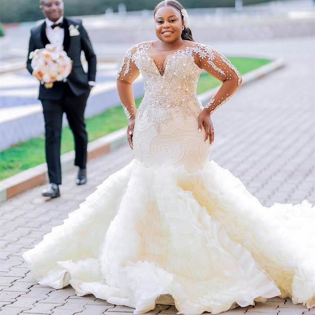 2023 Oct Arabic Aso Ebi Plus Size Ivory Mermaid Wedding Dress Lace Beaded Sequined Lace Bridal Gowns Dress ZJ033