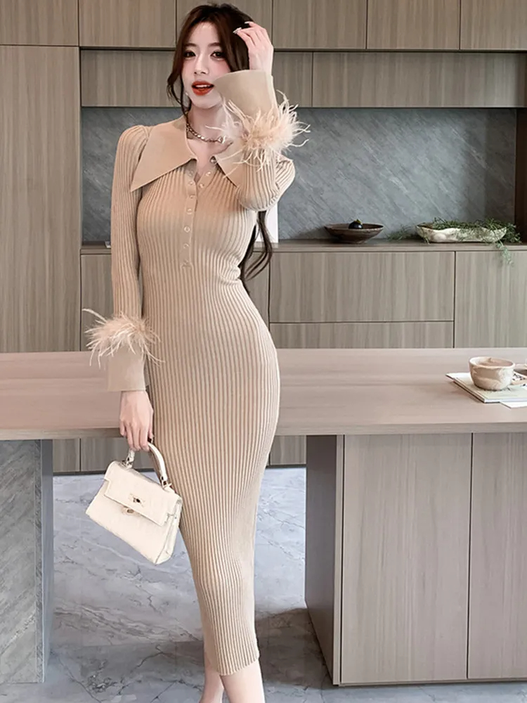Basic Casual Dresses New Autumn Winter Korean Edition Cuff Fur Super Slim Mid Length Dress Knitted Dress For Women's Full Sleeve Lapel Sweater Dr