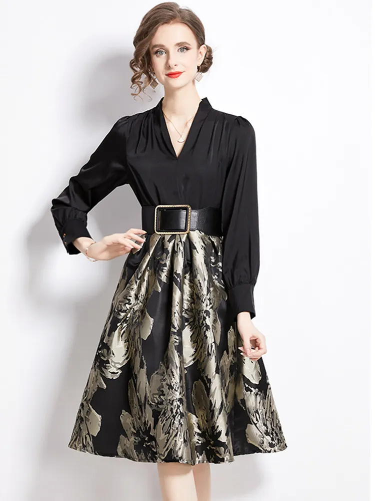 Two Piece Dress Women's Light Luxury High End Temperament Celebrity Black Patchwork Dress Female Fashion Jacquard Fake Two Pieces Dresses 2024