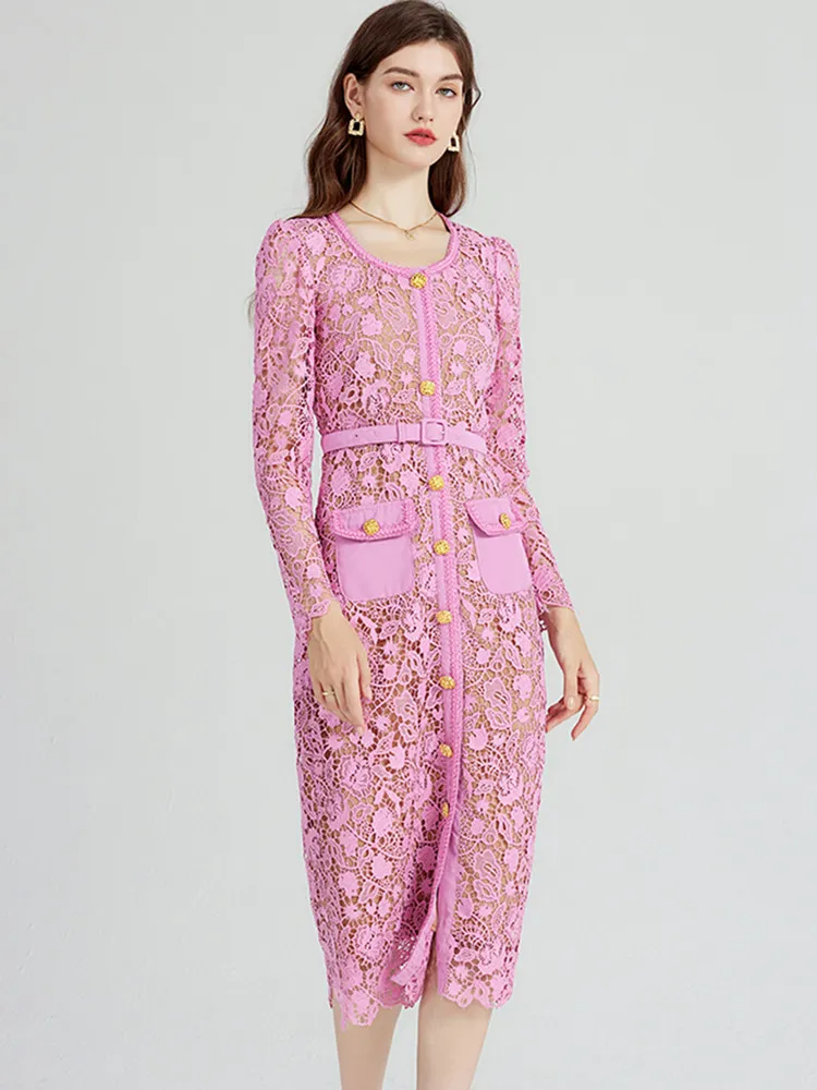 Basic Casual High Quality Women Pink Lace Hollow Out Runway Dress Ladies Temperament Celebrity O-Neck Long Sleeved Dresses Vestidos 2025