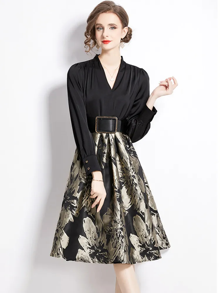 Two Piece Dress Women's Light Luxury High End Temperament Celebrity Black Patchwork Dress Female Fashion Jacquard Fake Two Pieces Dresses 2024