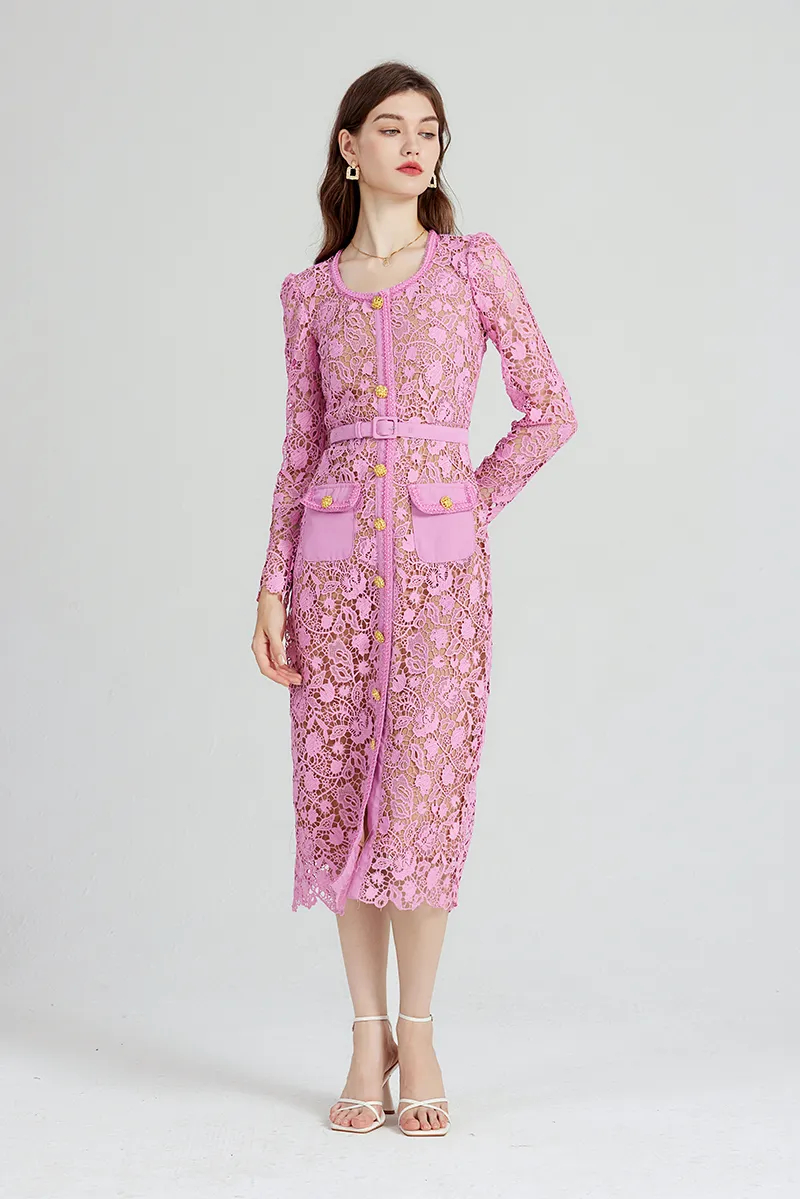 Basic Casual High Quality Women Pink Lace Hollow Out Runway Dress Ladies Temperament Celebrity O-Neck Long Sleeved Dresses Vestidos 2025