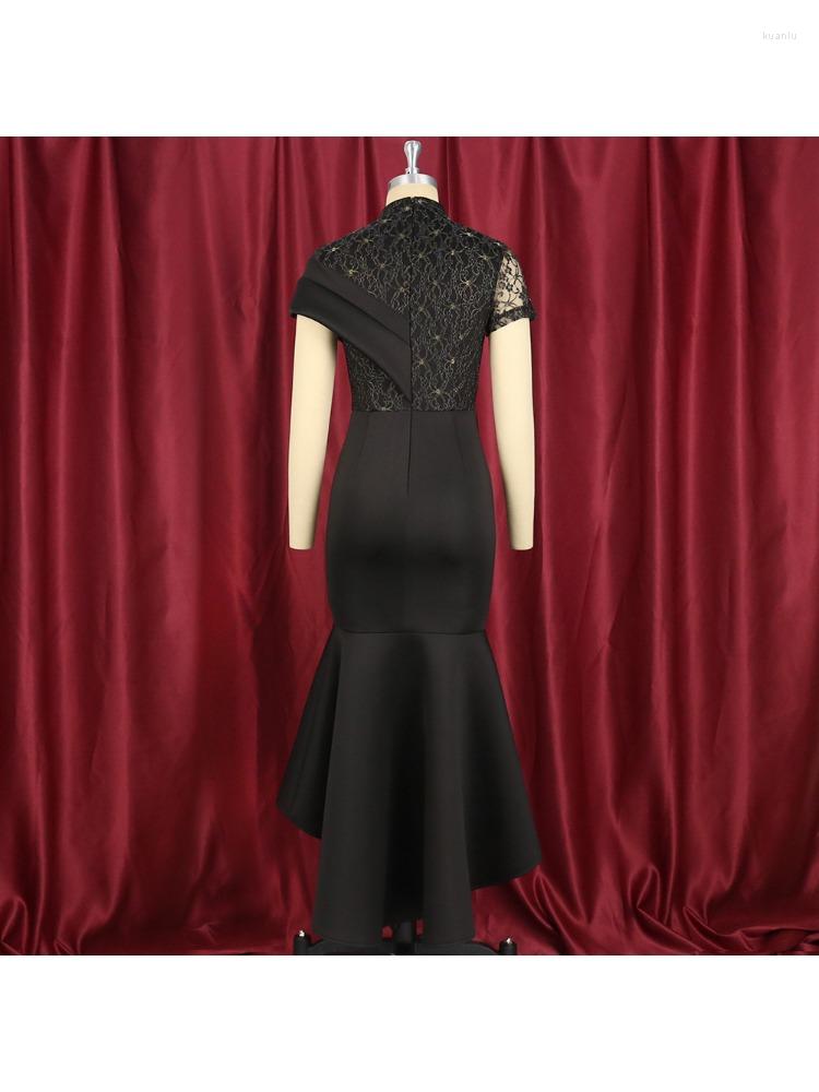 Plus Size Dresses Round Neck Sexy Perspective Lace Short Sleeve High Waist Ruffled Party Dress Women Clothing Elegant