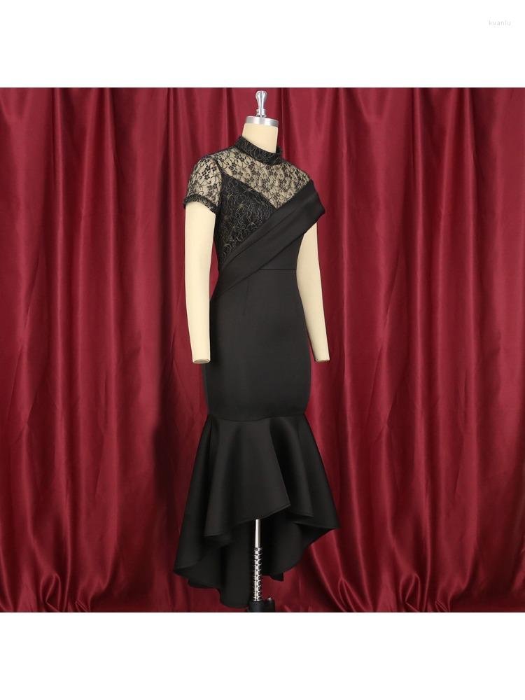 Plus Size Dresses Round Neck Sexy Perspective Lace Short Sleeve High Waist Ruffled Party Dress Women Clothing Elegant