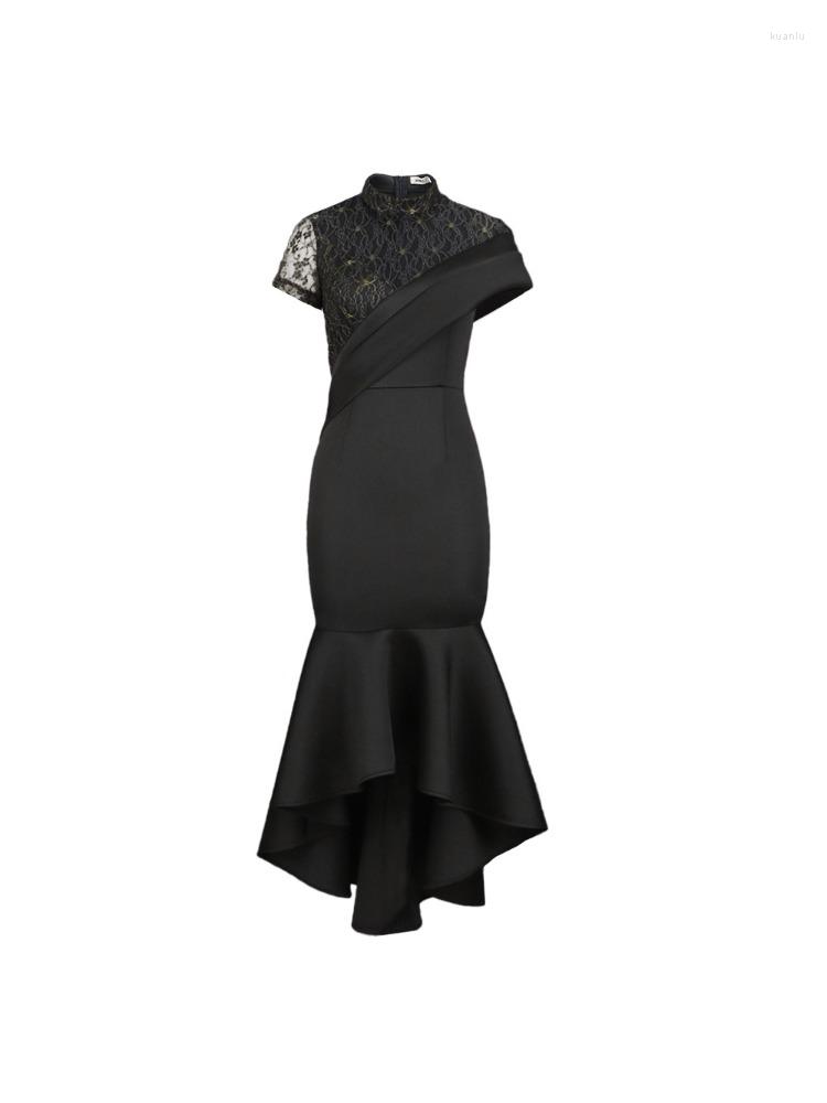 Plus Size Dresses Round Neck Sexy Perspective Lace Short Sleeve High Waist Ruffled Party Dress Women Clothing Elegant