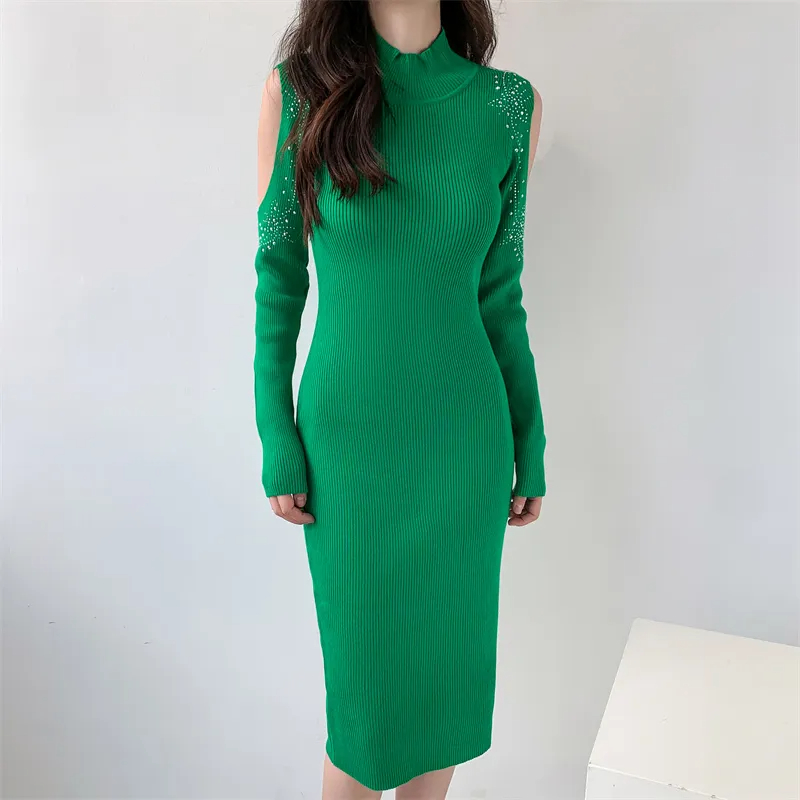 Basic Casual Dresses Winter French Turtleneck Knitted Diamond Dress Women Sexy Hollow Out Sleeve Temperament Celebrity's Knee-Length Sweater Dres