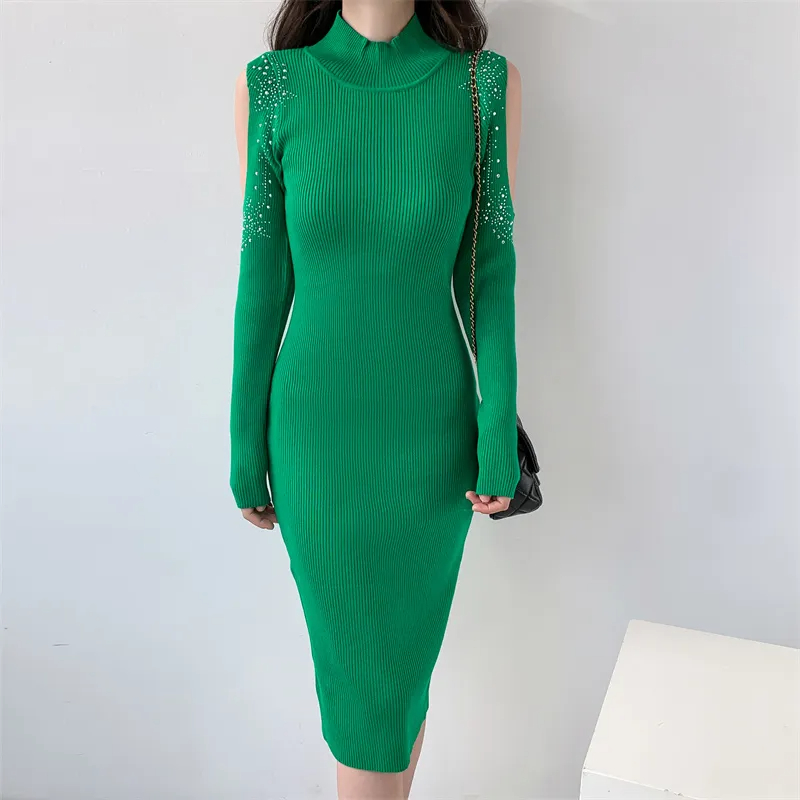 Basic Casual Dresses Winter French Turtleneck Knitted Diamond Dress Women Sexy Hollow Out Sleeve Temperament Celebrity's Knee-Length Sweater Dres