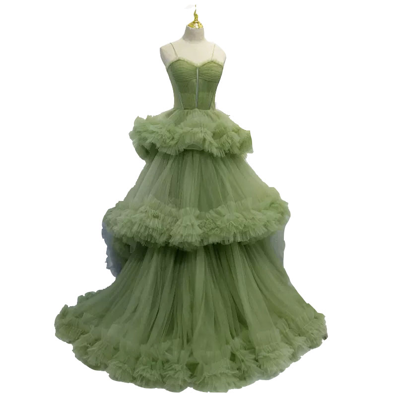 Green Prom Dresses Real Pictures High Waist Evening Dresses Layers Tulle Party Evening Gowns
