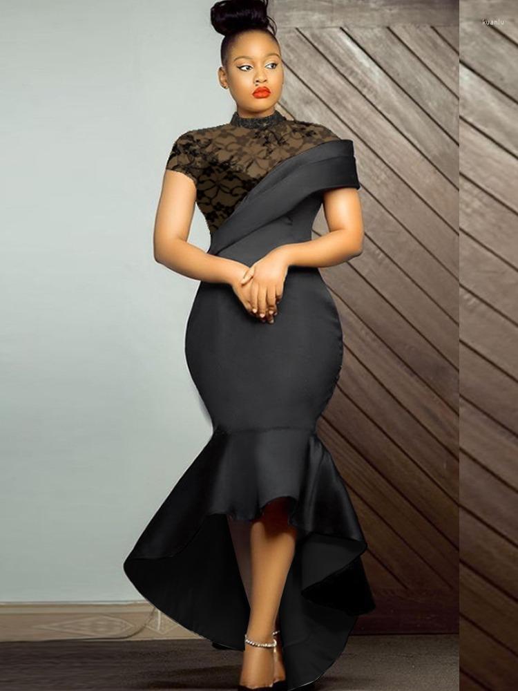 Plus Size Dresses Round Neck Sexy Perspective Lace Short Sleeve High Waist Ruffled Party Dress Women Clothing Elegant