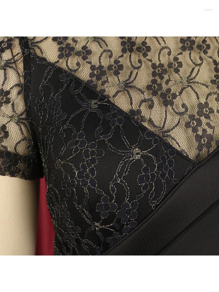 Plus Size Dresses Round Neck Sexy Perspective Lace Short Sleeve High Waist Ruffled Party Dress Women Clothing Elegant