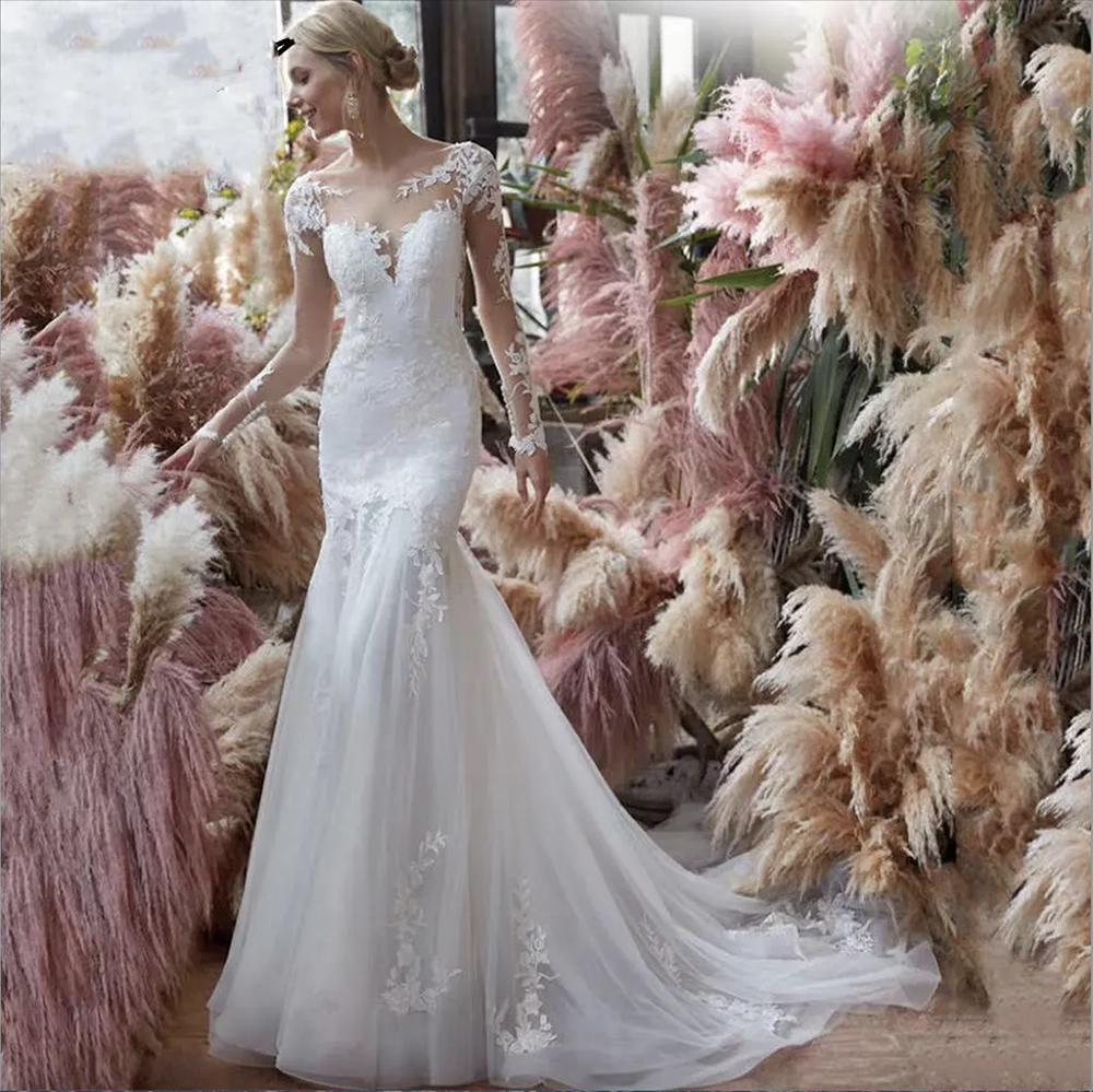 Mermaid Lace Dress Illusion Necke Appliques Vintage Bridal Gowns Robe De Mariage Sheath Wedding Dresses Sheer Back Vestido